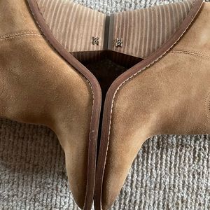 Never worn. Excellent condition. Tan suede boots w wooden heels.  Sam Edelman.